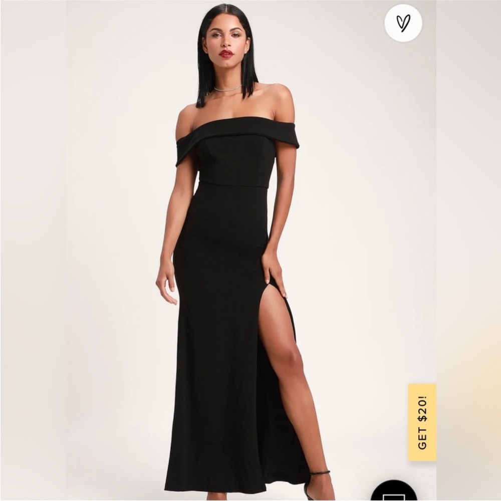 Black Lulu’s Off the Shoulder Long Evening Gown with side slit. Medium